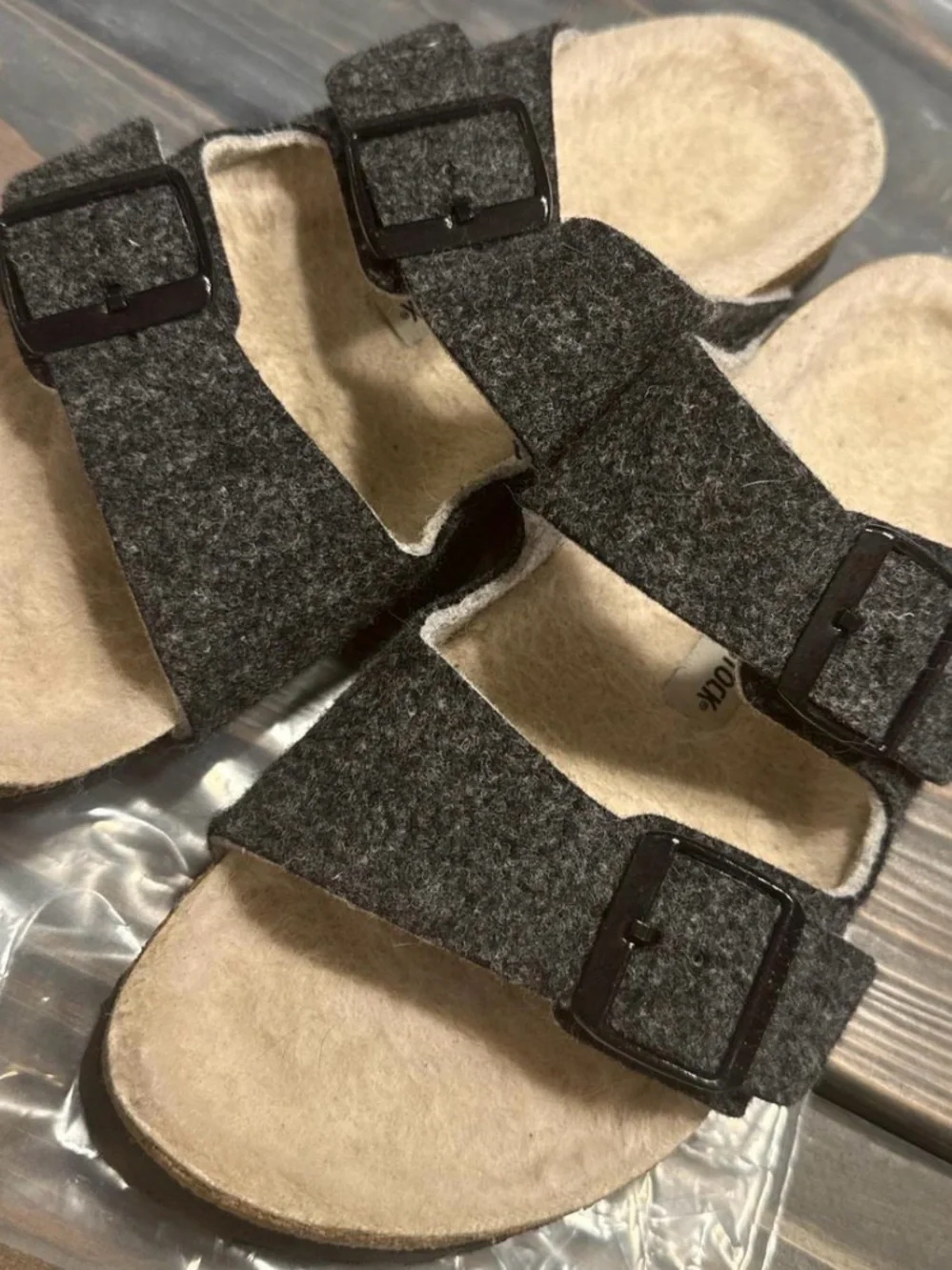 Birkenstock Shearling lined Arizona Charcoal Two-Strap Sandals